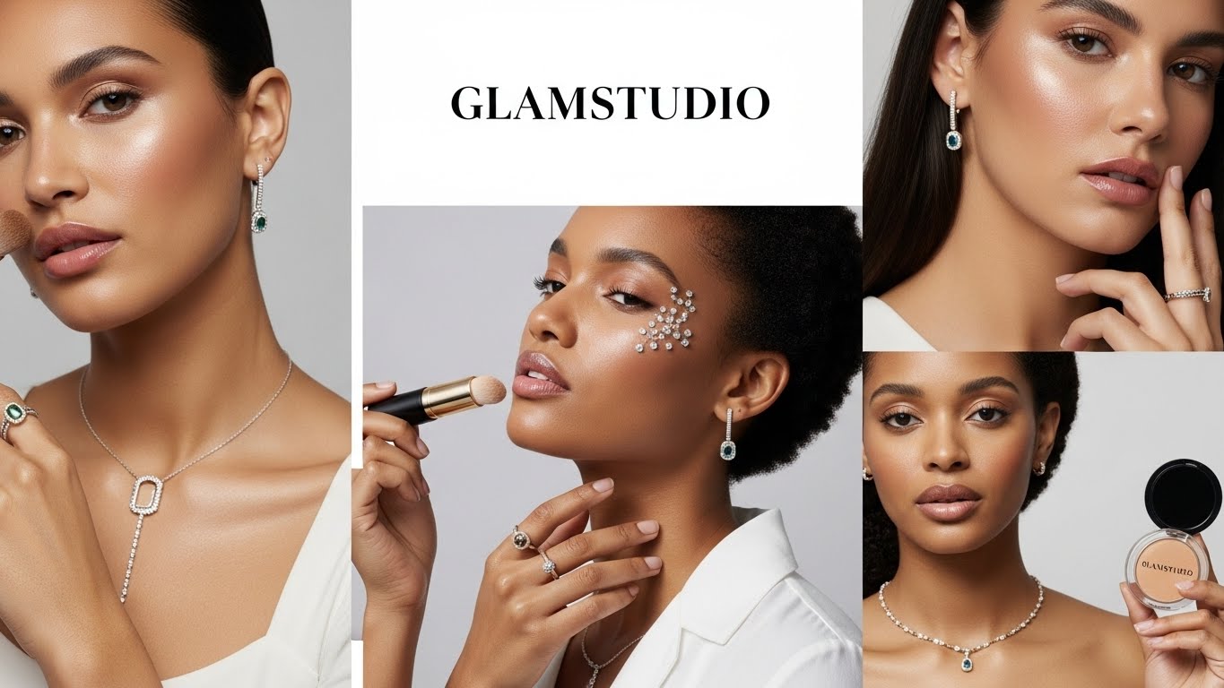 Glamstudio advertisement featuring women with jewelry and makeup products.